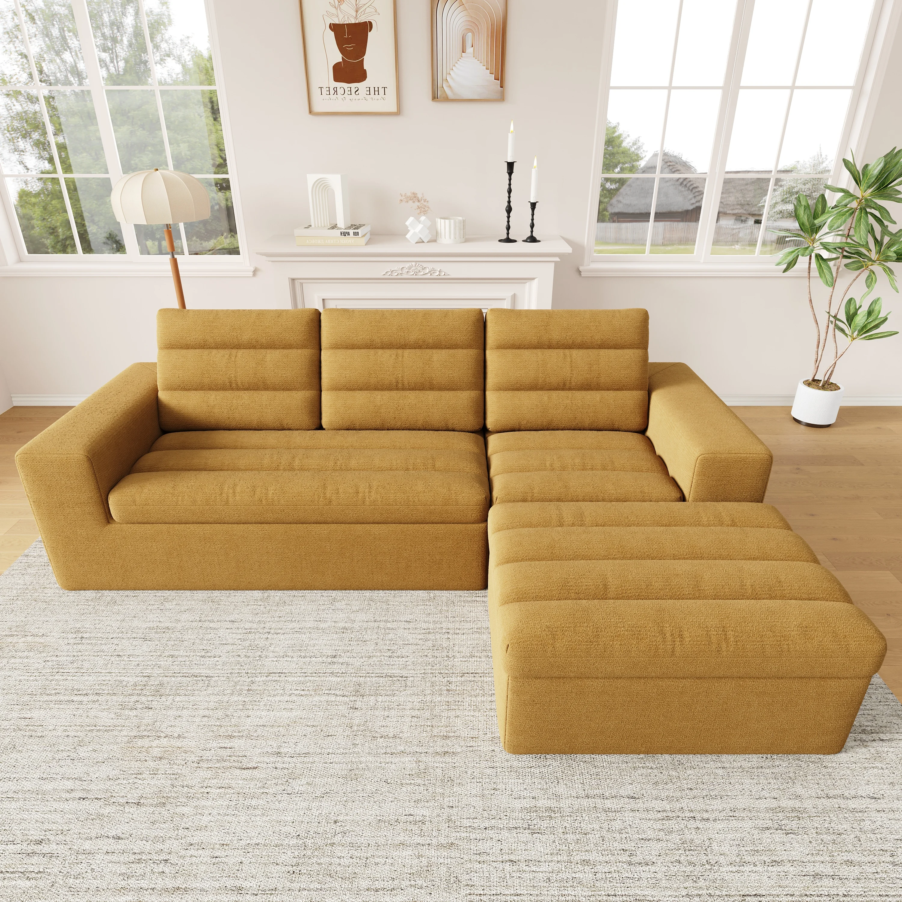 Canapé modulaire 4 places, structure sans cadre, mousse résistante, chenille orange, pour salon/appartement