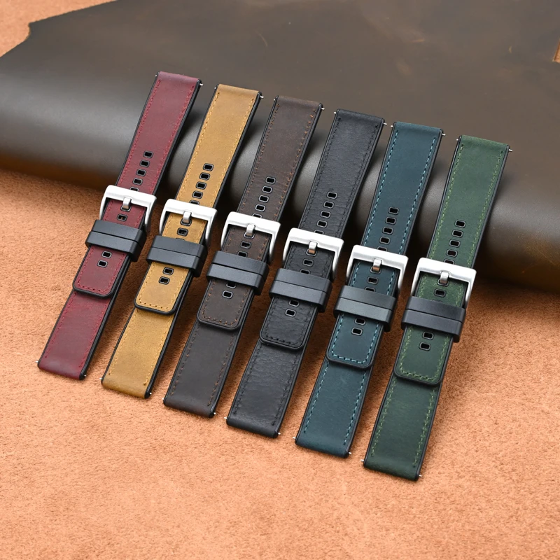 Retro Crazy Horse Genuine Leather Watch Band 20mm 22mm 24mm Universal Silicone Cowhide Quick Release Strap for Huawei Watch GT 4