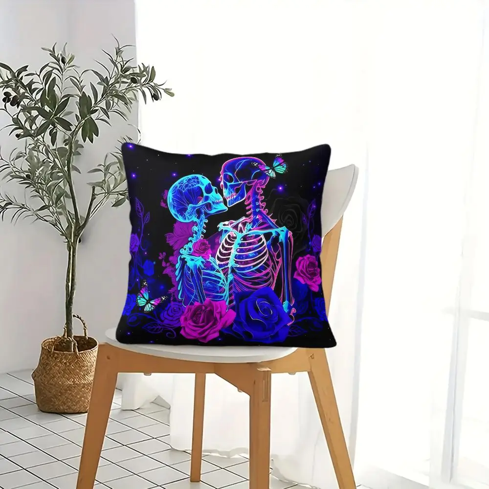 Neon Skeleton Couple Rose Butterfly Print Throw Pillow Cushion Accent Pillow 45×45cm Includes Pillow Core Gothic Dark Room Decor