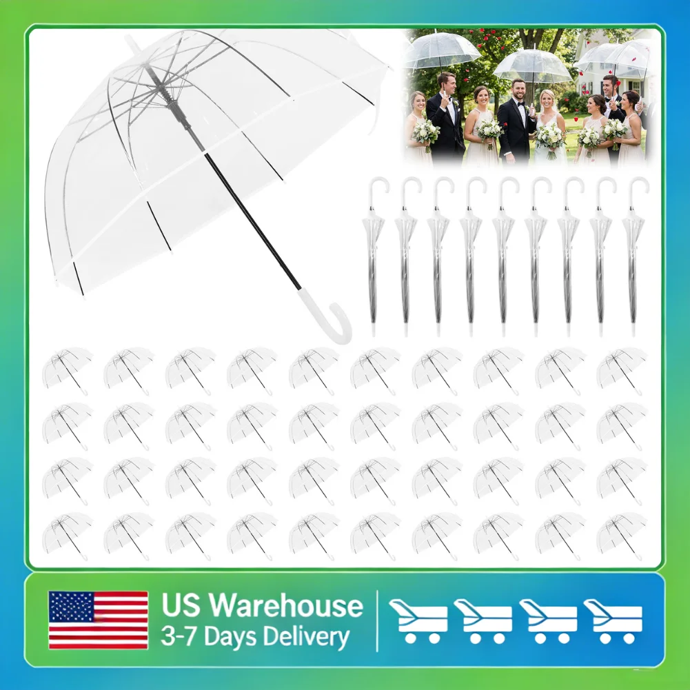 

60pcs Bulk Clear Umbrellas Auto Open Windproof Transparent Umbrella with Hook Handle Sturdy POE Material for Wedding Photography