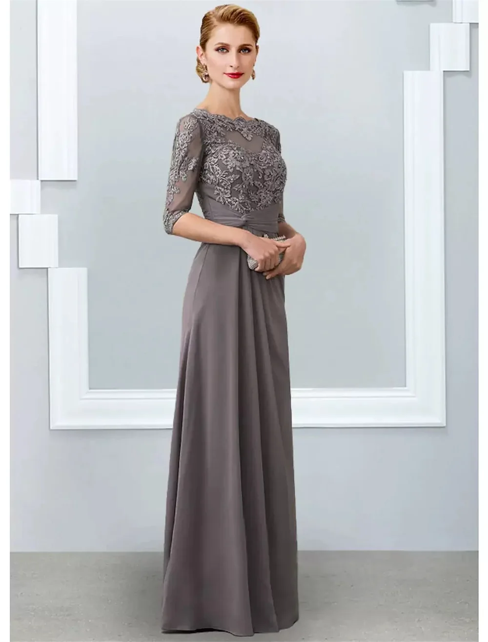 A-line grigio madre della sposa abito elegante gioiello collo lunghezza pavimento Chiffon mezze maniche Appliques pizzo abiti da festa di nozze