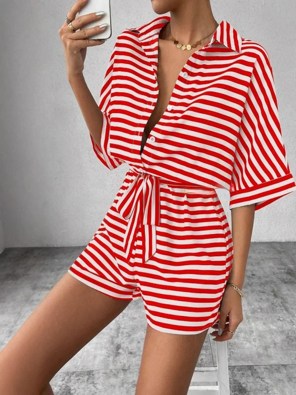 Conjunto de mono a rayas para mujer con cárdigan abierto ort Sve Diseño de cintura baja Tela de poliéster Sle original Corte recto