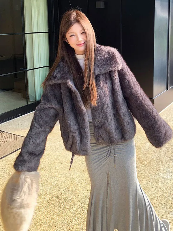 

Корейская зимняя женская куртка с коротким воротником из меха, удобное повседневное пальто из цельной кожи, приталенный крой