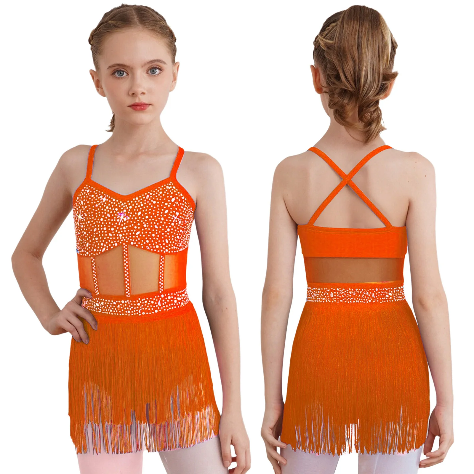 

Kids Girls Lyrical Tassel Latin Tango Cha-cha Dance Leotard Dress Sheer Mesh Tiered Tassel Latin Stage Performance Dance Outfits