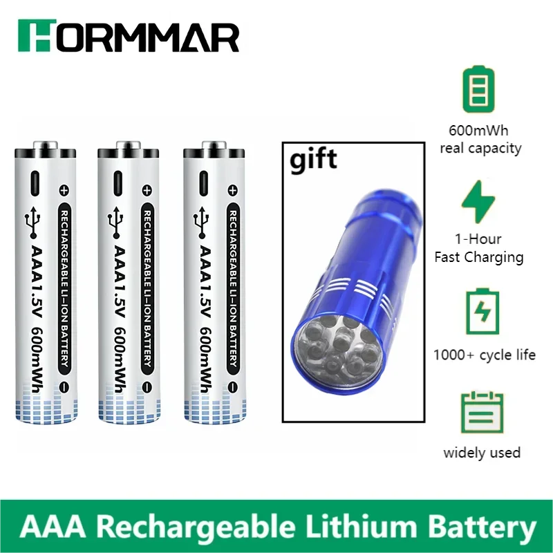 HORMMAR USB Li-ion AAA Rechargeable Battery Aaa 1.5V 600mWh Lithium Batteries with 4-in-1 USB Cable for Toys Clock Flashlight