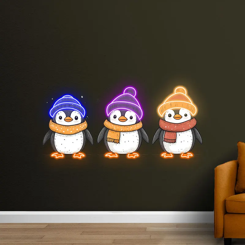 Winter Penguins Neon Light Sign - Adorable Trio with Scarves and Hats, Perfect for Christmas, Kids Room & Festive Winter Decor