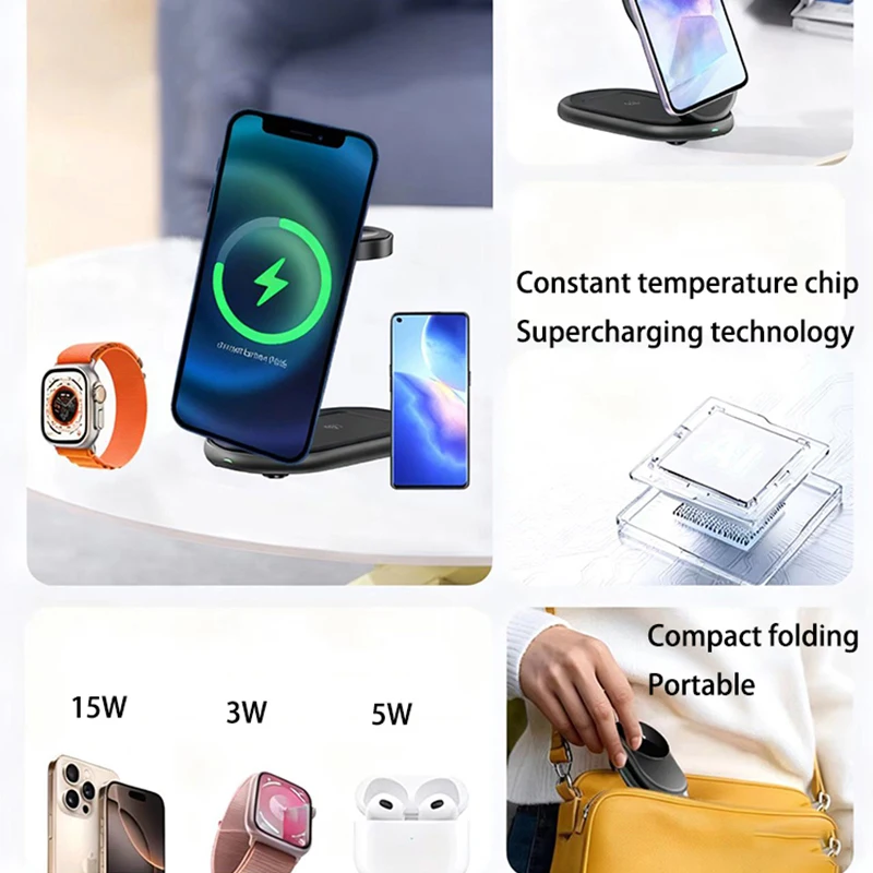 حامل شاحن لاسلكي Qi2 3 في 1 لهاتف iPhone 12/13/14/15/16/17 محطة شحن سريعة لساعة Apple 10 9 8 7 6 5 4 Airpods 2 3 #6