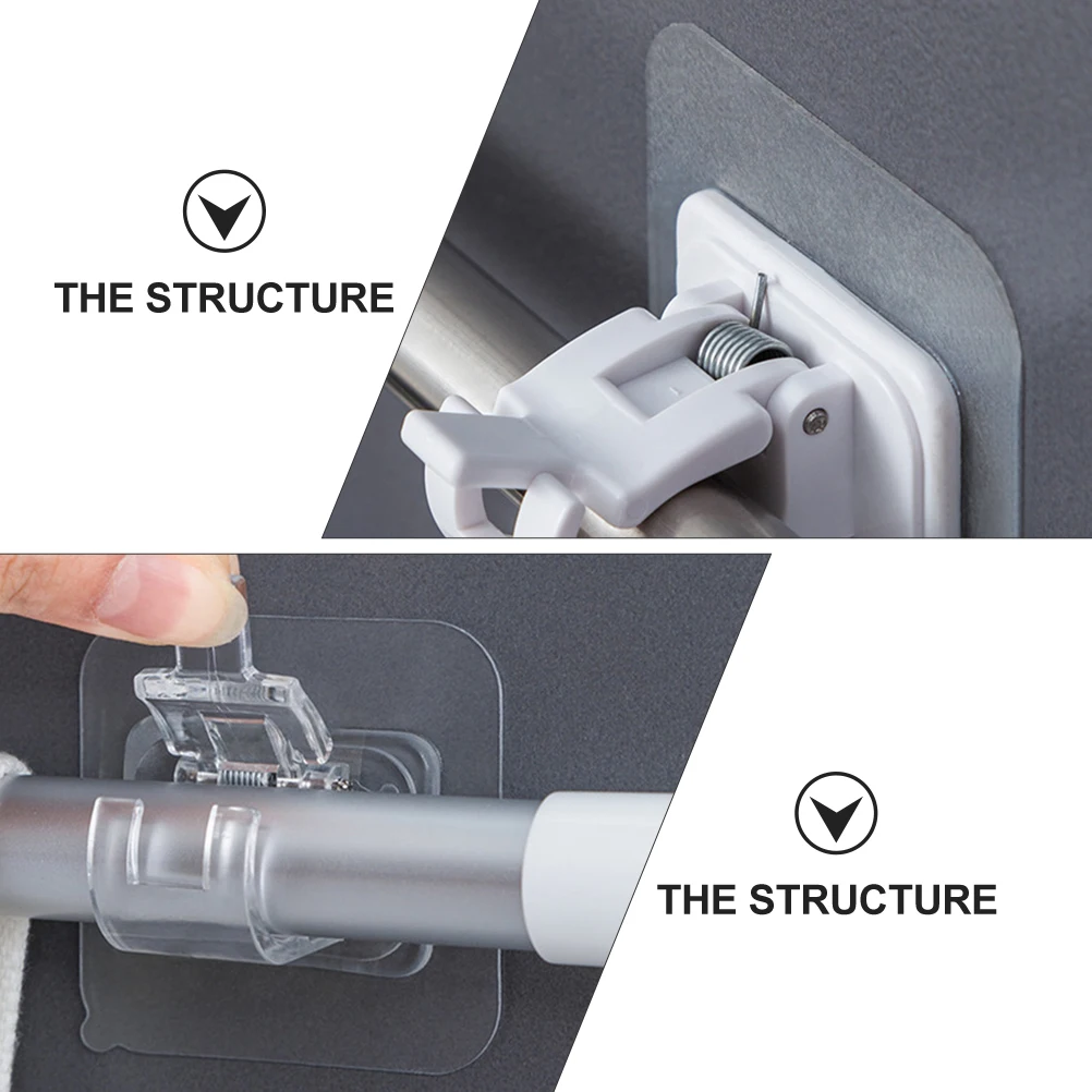 

4 Pcs Curtain Rod Hooks ABS Spring Easy Install No Tools Smooth Walls Self Adhesive Shower Curtain Towel Rod Support