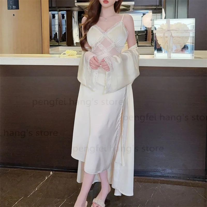 Autumn Winter New Sleepwear Lady Elegant Wedding Robe Suit 2Pcs Pajamas Sexy Lace Home Dressing Gown Kimono Lingeri 2