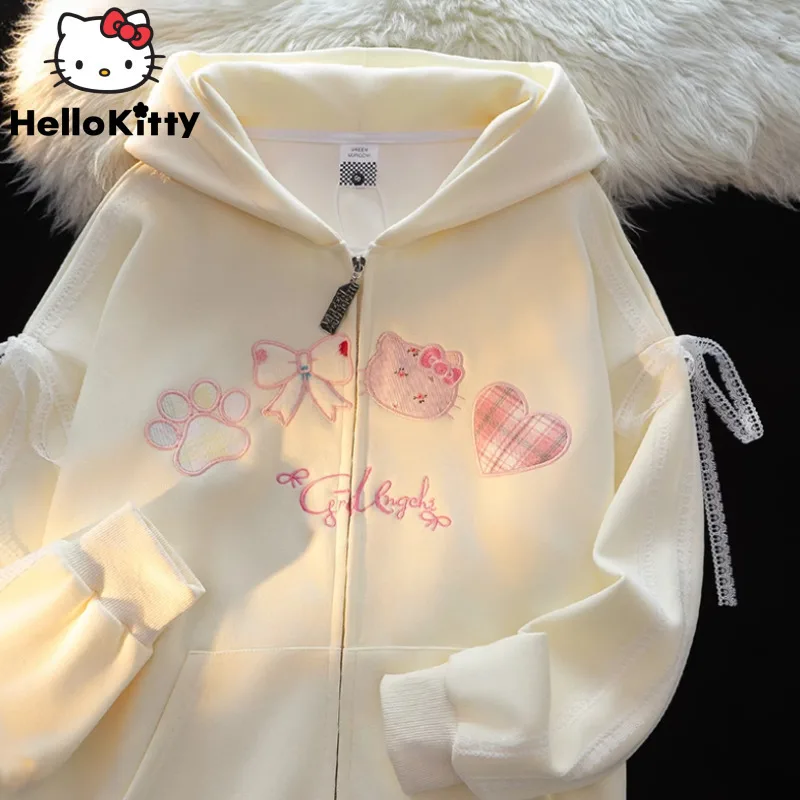 

Sanrio Cute Cartoon Hello Kitty Lace Design Hoodie Women's New Loose Casual Cardigan Japanese Style Kawaii Harajuku Sweatshirt