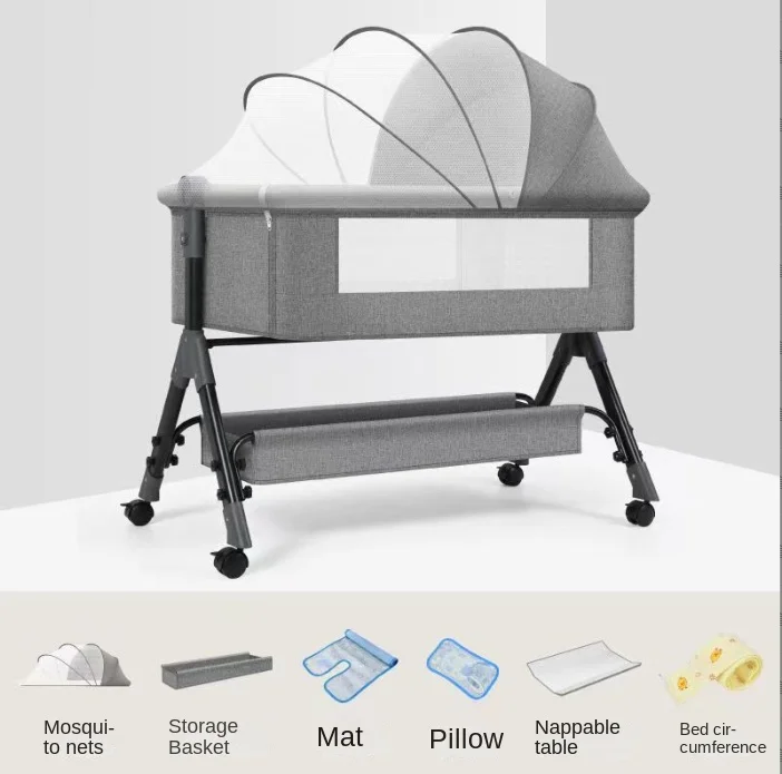 Crib Cradle Bed Queen Bed Splice Bed Multi-functional Portable Bedside Bed Height Adjustable Independent Brake Wheel