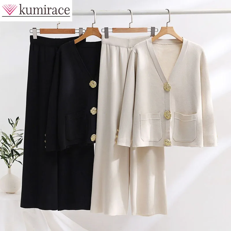 

Design Inspired Cuffs with Large Gold Buttons Women's 2024 Autumn and Winter New Collection Ladies' Slimming Knit Two-piece Set