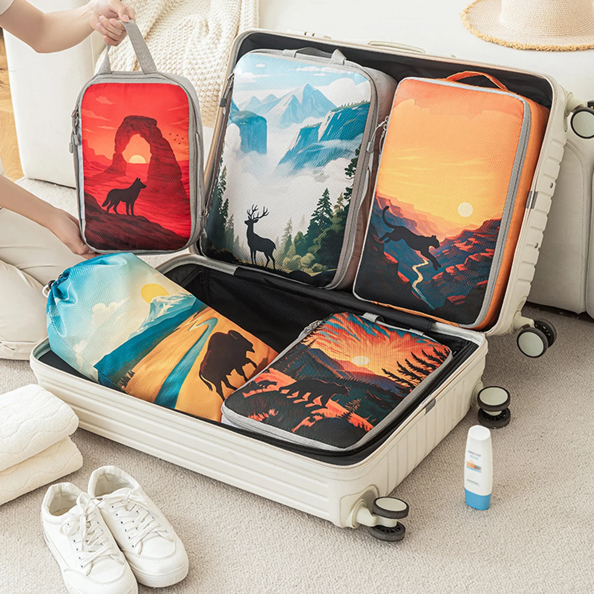 

5pcs tropical printed compressed lightweight travel clothing storage bag suit, space-saving travel necessities accessories