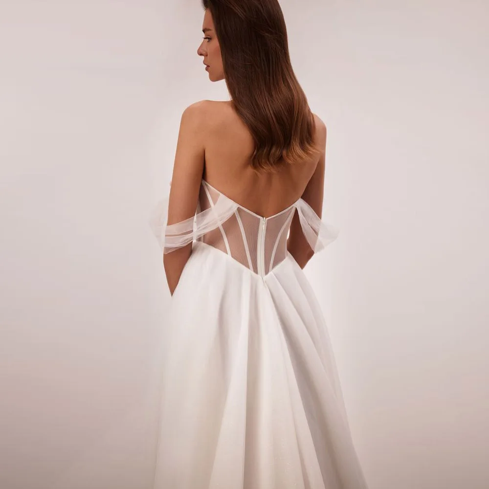 تخصيص جذاب جديد بسيط حمالة الرقبة ألف خط فساتين الزفاف بوهو مطرز اللؤلؤ كاب كم قطار المحكمة ثوب الزفاف