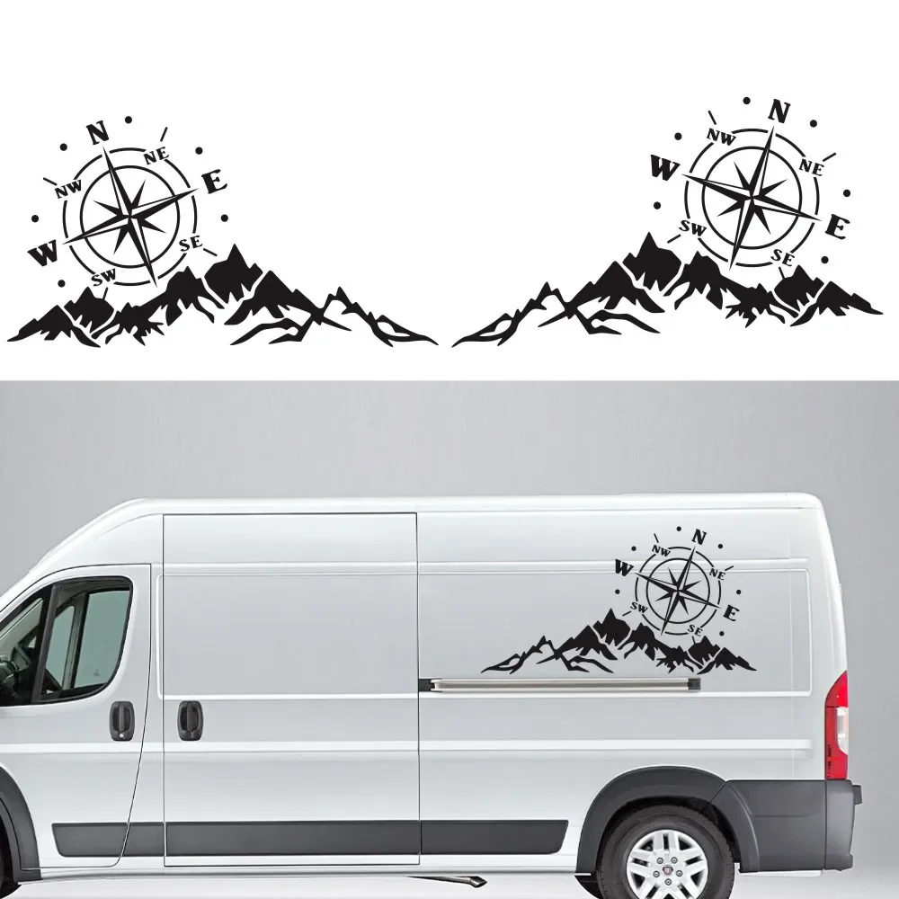 2PCS Mountain Adventurers Compass Graphics Decoration Rv Camper Truck Door Waist Line Hood Accessories Car Custom Stickers PVC