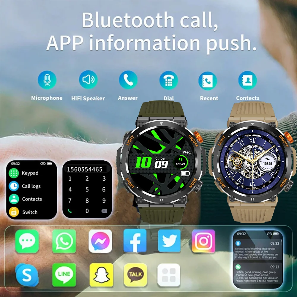 Montre connectée militaire pour les sports de plein air, Bluetooth, appel, éclairage d'urgence, capacité de batterie 2023, moniteur de fréquence cardiaque, boussole, nouveau, 450