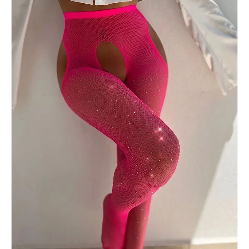 Rhinestone Women\'s Sexy Crotch Less Long Tube Socks Tight Pants High Mesh Sexy Underwear Sexy Red Fishing Net Teddies Pantyhose