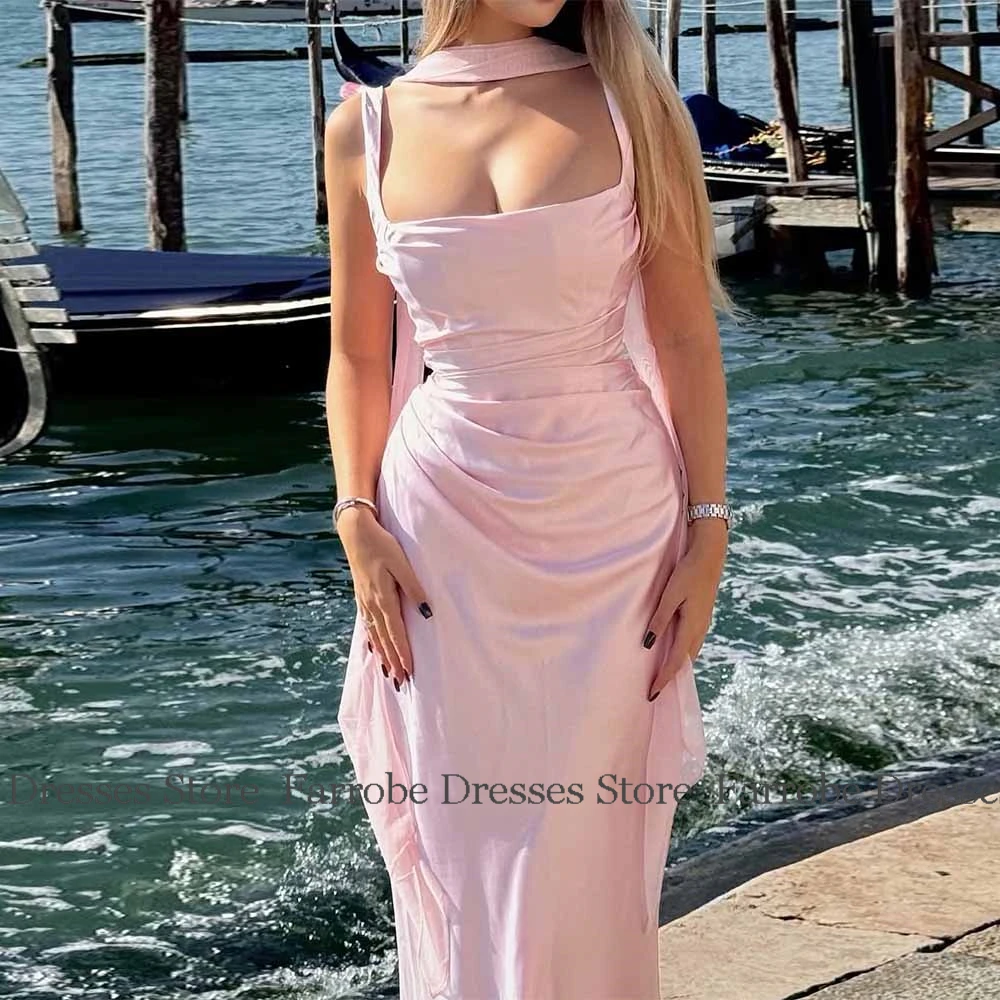 Sweetly Dresses for Special Events Satin Sheath/Column Birthday Dress Pink Strapless Draped Shawl Prom Dresses for Ladies Long