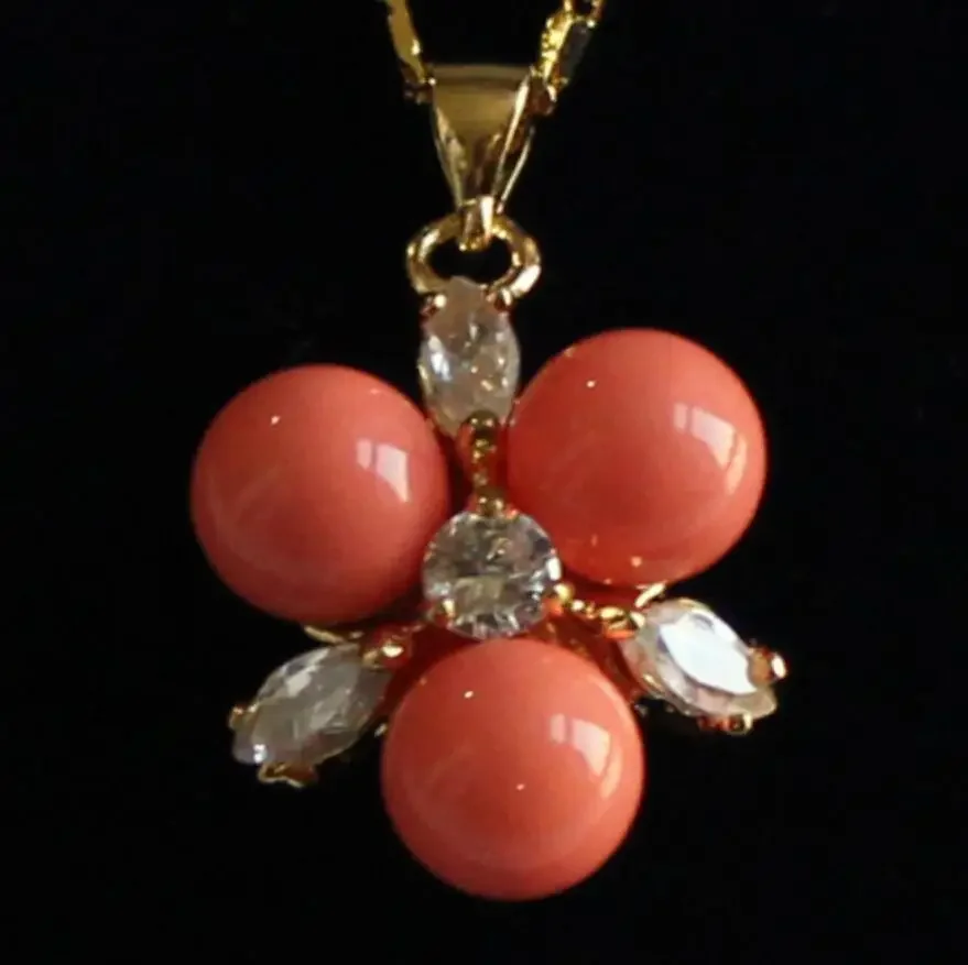 

Women's fashion gold plated micro inlaid white zircon + Pink Coral Shell Pendant Necklace