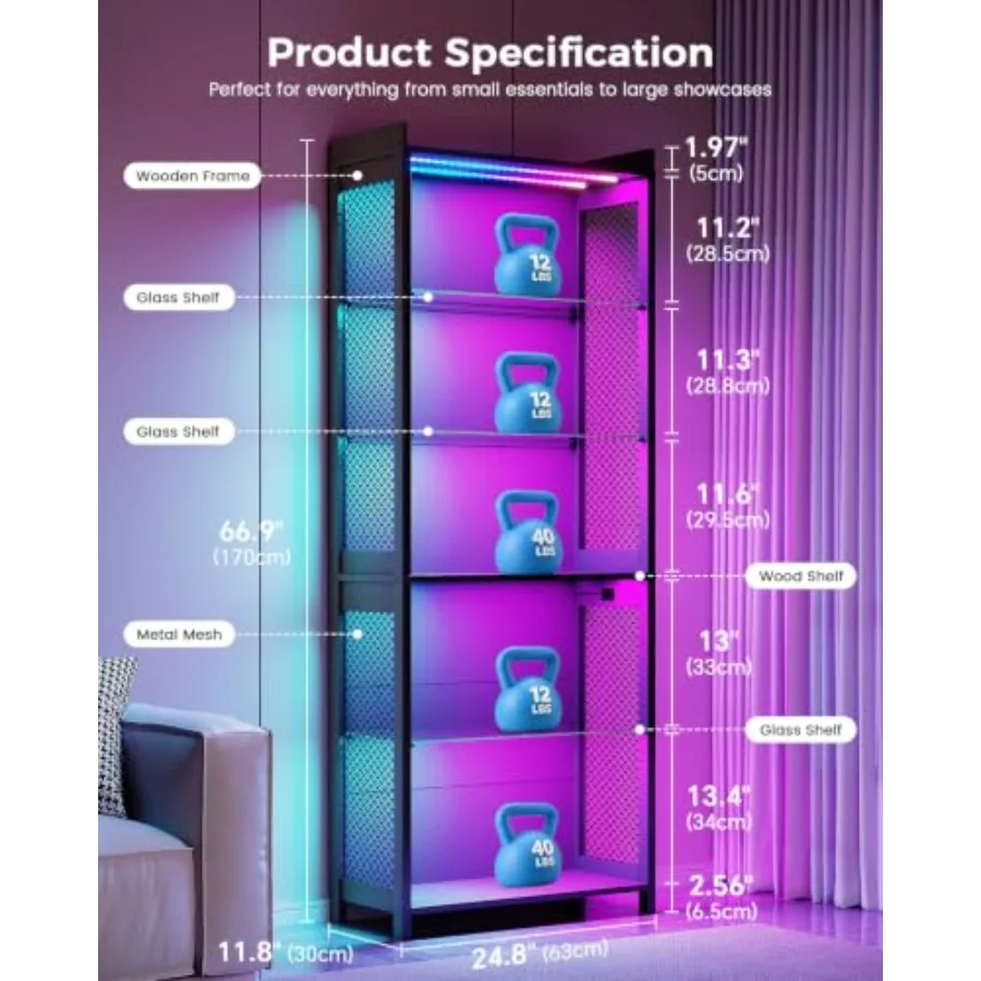 5-Tier Display Case with Glass Shelves and LED Lights view 2