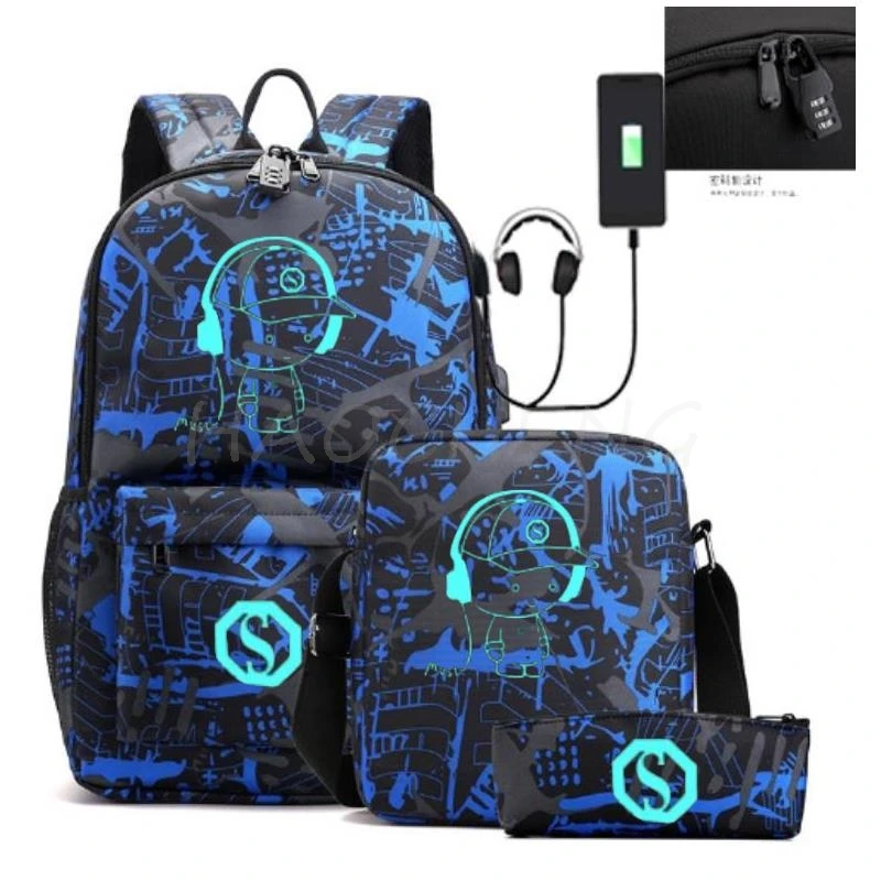 Luminous Animation School Bags para meninos e meninas, Mochilas de moda para adolescentes, mochila para laptop para homens, 3pcs por conjunto