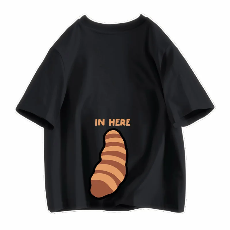 Red panda front and back printed short sleeved T-shirt, daily casual text printed funny top