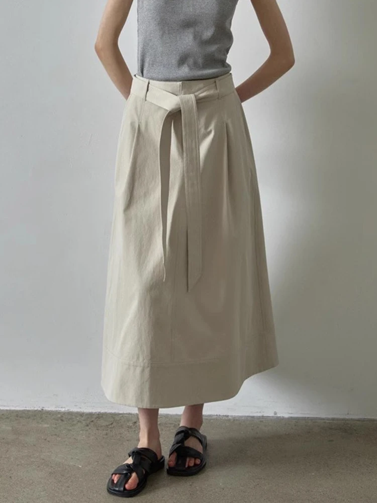 

Ele Summer High Waist A-Line Skirt Women's Pure Color Belted Slimming Long Midi Skirt Faionable Versatile Commute Sle