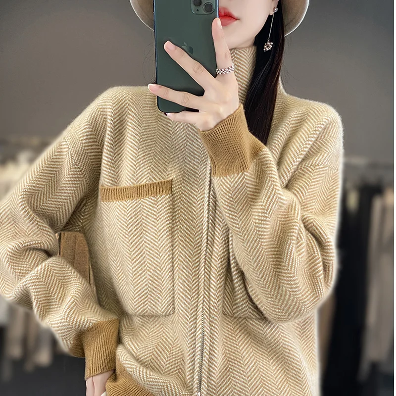 Women\'s cardigan 100% Australian wool sweater color matching knitted high neck full sleeve jacket Women\'s new pure wool sweater