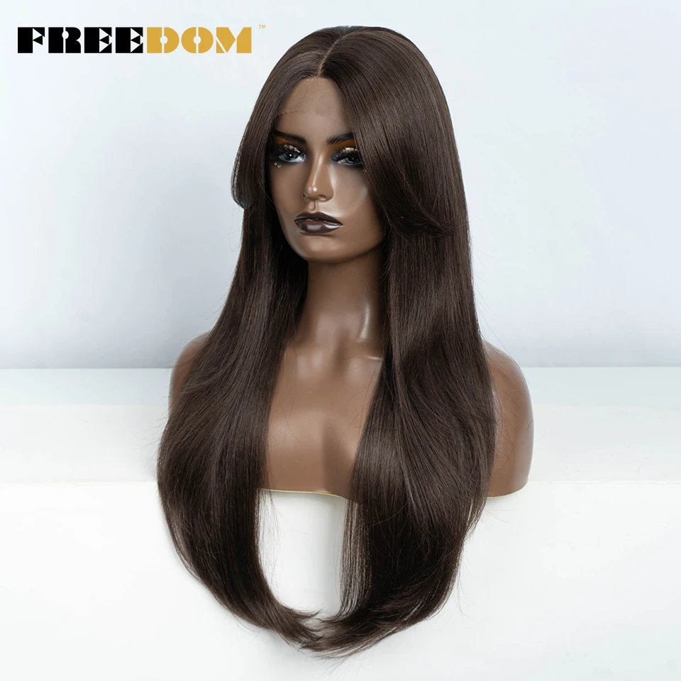 FREEDOM Straight Synthetic Lace Front Wigs For Women 26 Inch Long Lace Wig With Bangs Ombre Brown Blonde Grey Red Cosplay Wig