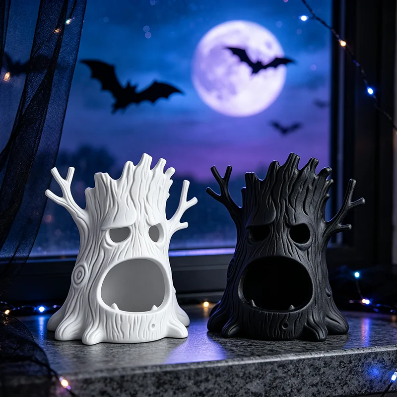 Halloween Spooky Monster Tree Stump 3D Printed Tealight Holder Creepy Face Desktop Ornament for Halloween Party Table Home Decor