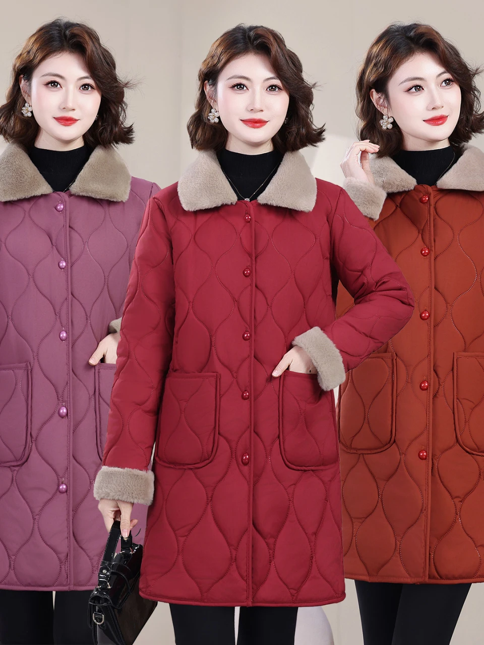 

Утепленное хлопковое пальто средней длины для женщин с меховым воротником, на флисовой подкладке, зимнее, теплое, антивозрастное, для мам