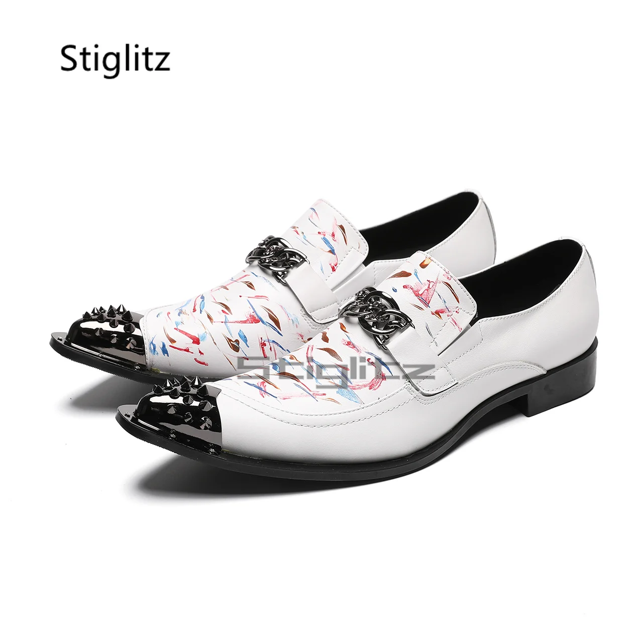 

White Dress Men's Shoes Genuine Leather Print Metal Pointed Toe Formal Business Shoes Buckle Chain Casual Slip On Mlae Shoes