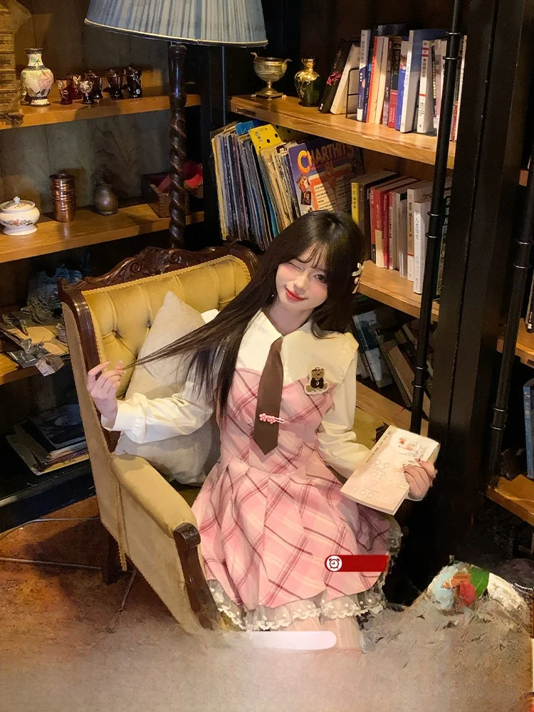 

Нежно-розовая клетчатая юбка с длинными рукавами для женщин, плиссированная, из смесового хлопка и полиэстера, с высокой талией, для ранней весны и лета