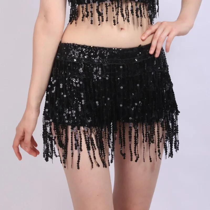 

Summer Women Tassel Fringe Sequin Skirts Beach Short Sequin Belly Dancer Costume Taed Skirts Sexy High Waist Mini Skirts