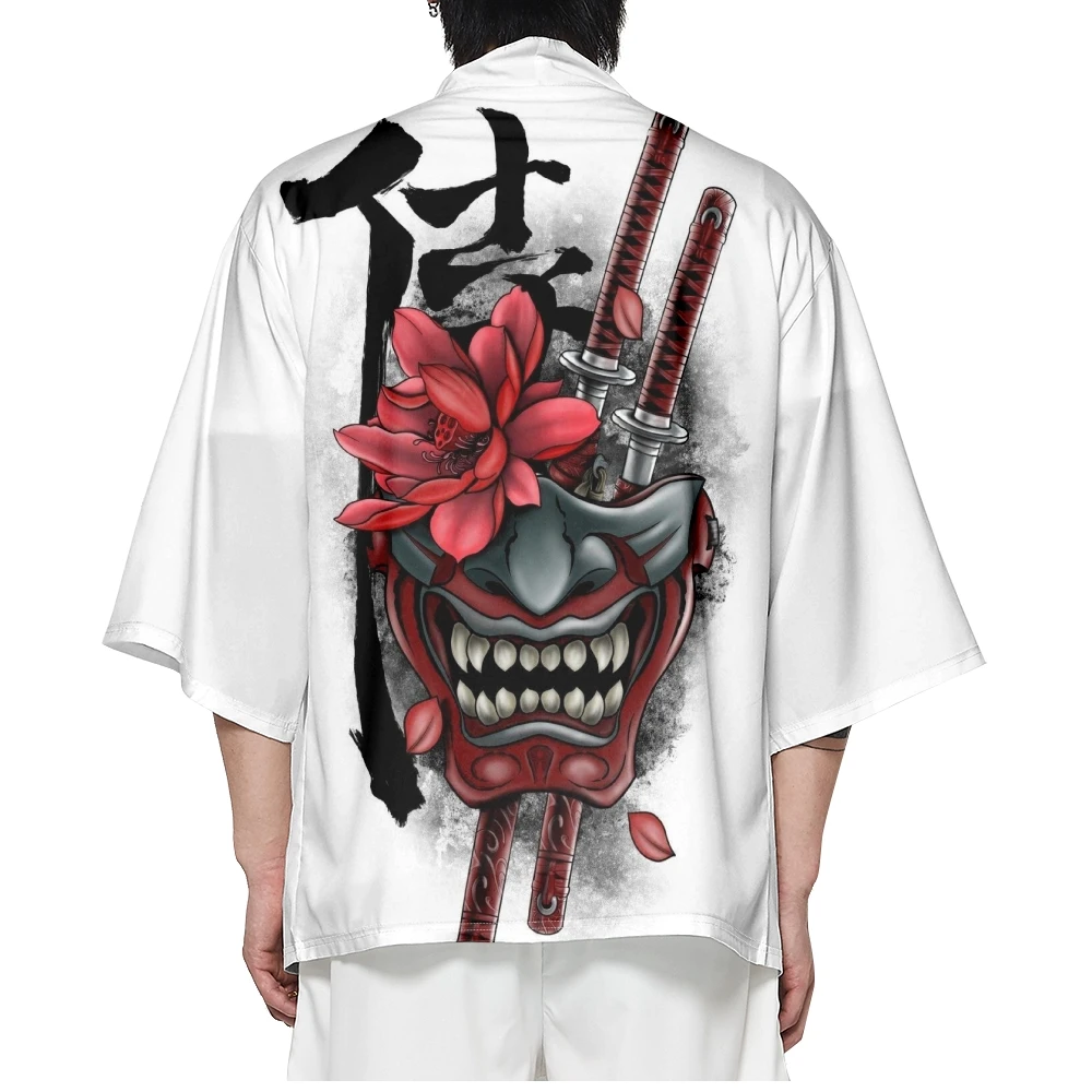 

Traditional White Demon Print Kimono Men Women Cosplay Cardigan Casual Beach Yukata Shirt Japanese Haori Samurai