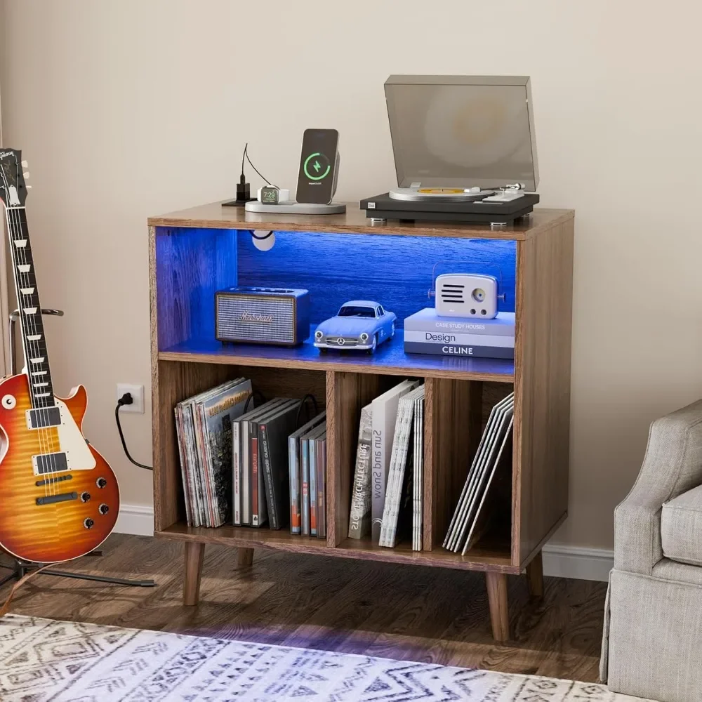 

Record Player Stand with Open Vinyl Storage, Mid-Century Album Storage Table with LED Light up to 300 Albums, Walnut