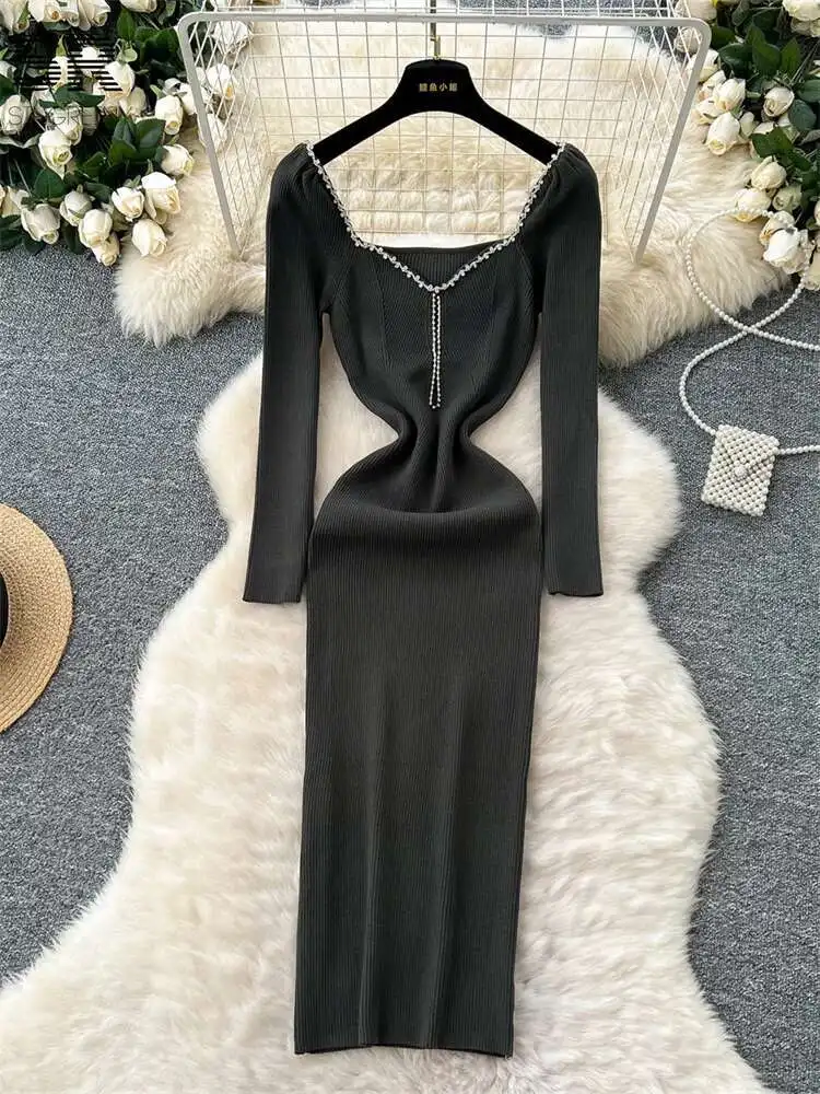 BabYoung الشتاء الديكور محبوك فساتين النساء طويلة الأكمام النمط الفرنسي مزاجه الصلبة الخريف موضة مطاطا فستان كبار