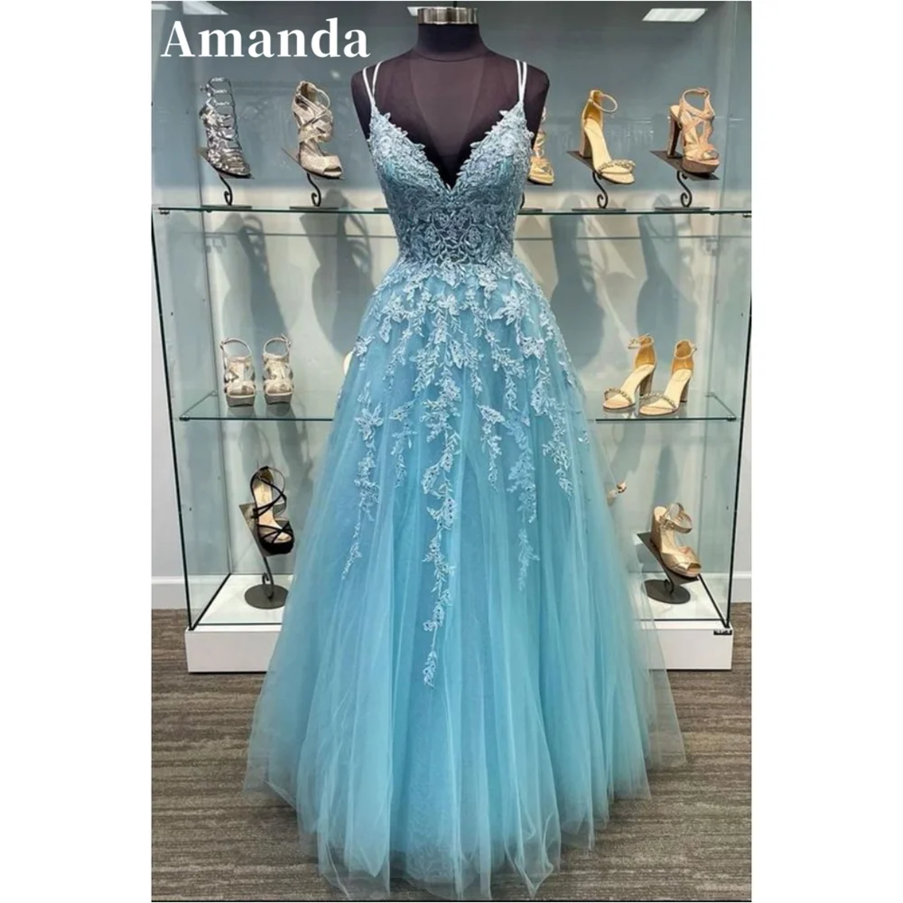 

Amanda Princess Lace Embroidery Evening Dress Sexy Spaghetti Strap A-line Party Dress 2024 Sweet Blue فساتين مناسبة رسمية