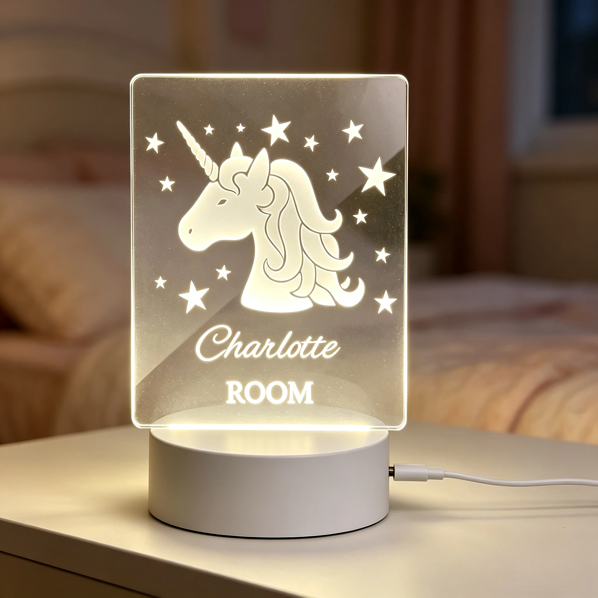 Custom Name Unicorn Head Star Pattern Acrylic Night Light Girls Bedroom Door Room Sign Lamp