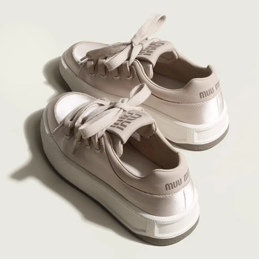 2025MUI high-end thick soled height increasing board shoes, women's genuine silk satin retro casual shoes, trendy white shoes