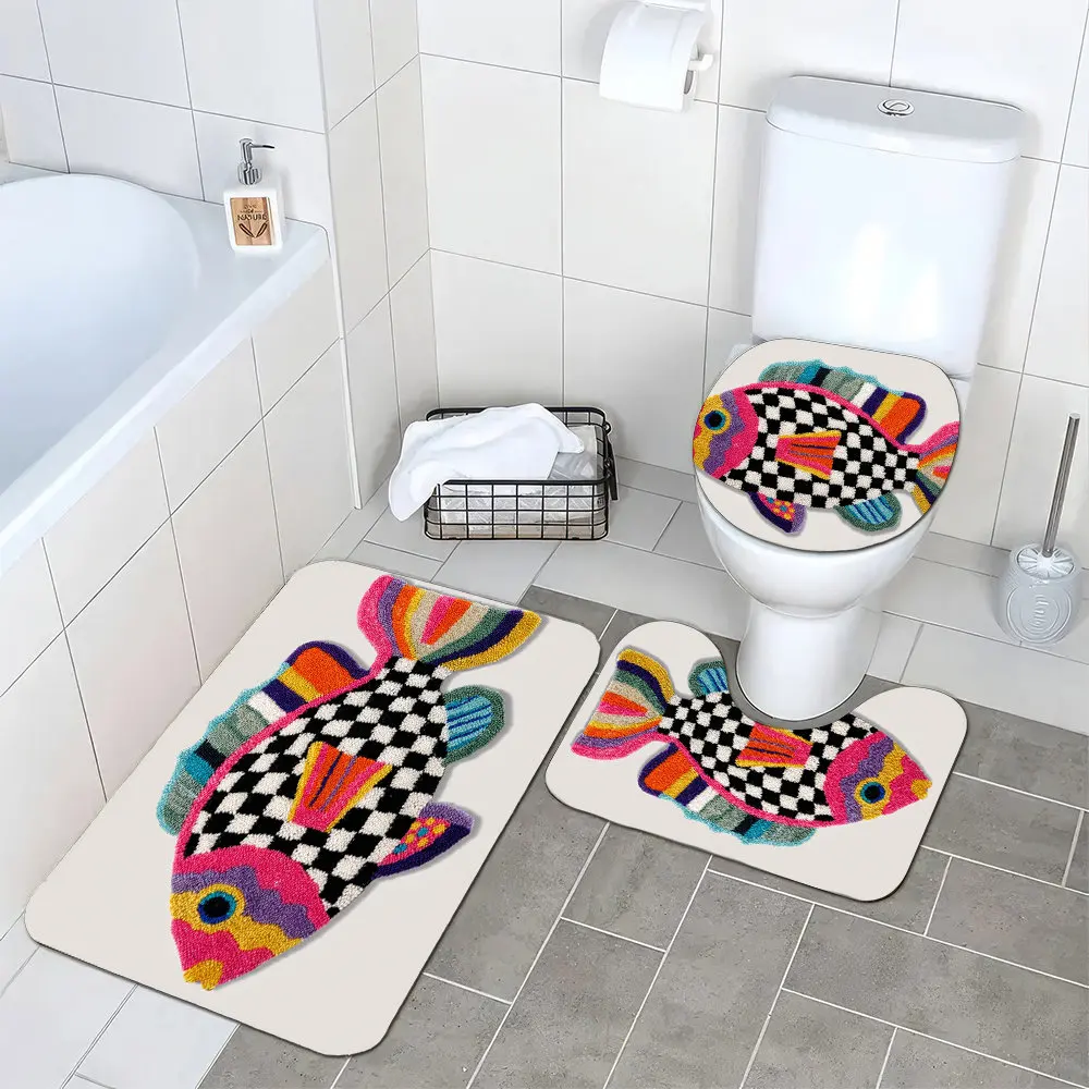 Fun Colorful Fish Pattern Bath Mat Set for Bathroom Decor Toilet Rug Shower Mat 3 Piece