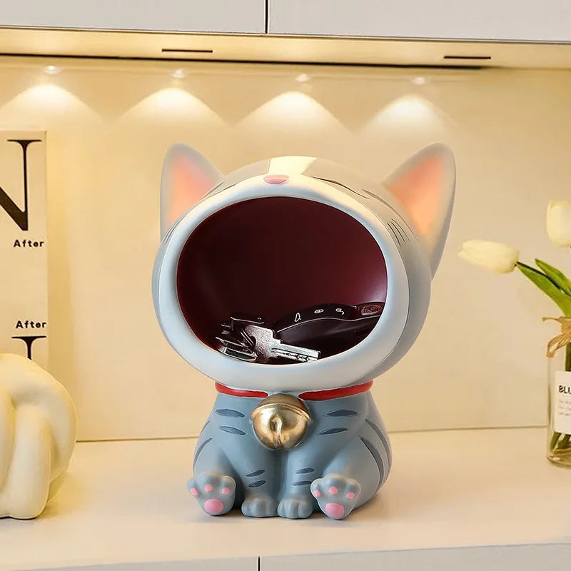 Cute Lucky Cat Resin Statue Decoration Big Mouths Cat Creative Laughing Cat Key Storage Box For Entrance Hall Desktop Ornaments view 4