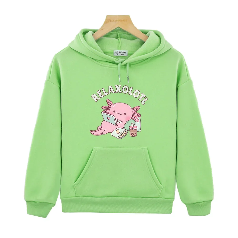 Bonito relaxar muito axolotl hoodie dos desenhos animados engraçado trocadilho gráfico camisola y2k roupas crianças inverno pulôver meninos com