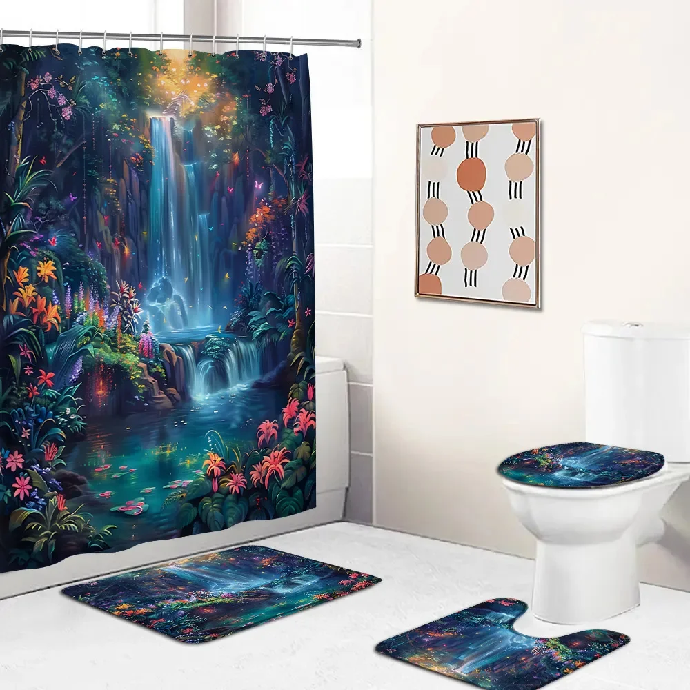 Fantasy Abstract Nature Shower Curtain Set Forest Mountain Jungle Floral Scenery Art Bath Curtain Bathtub Rug Toilet Lid Cover