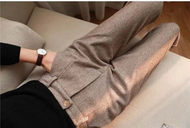 Wool Woolen Harem Trousers Women's Autumn and Winter New High Waist Slimming Ankle-Tied Suit Pants Loose Casual Cigarette Pants