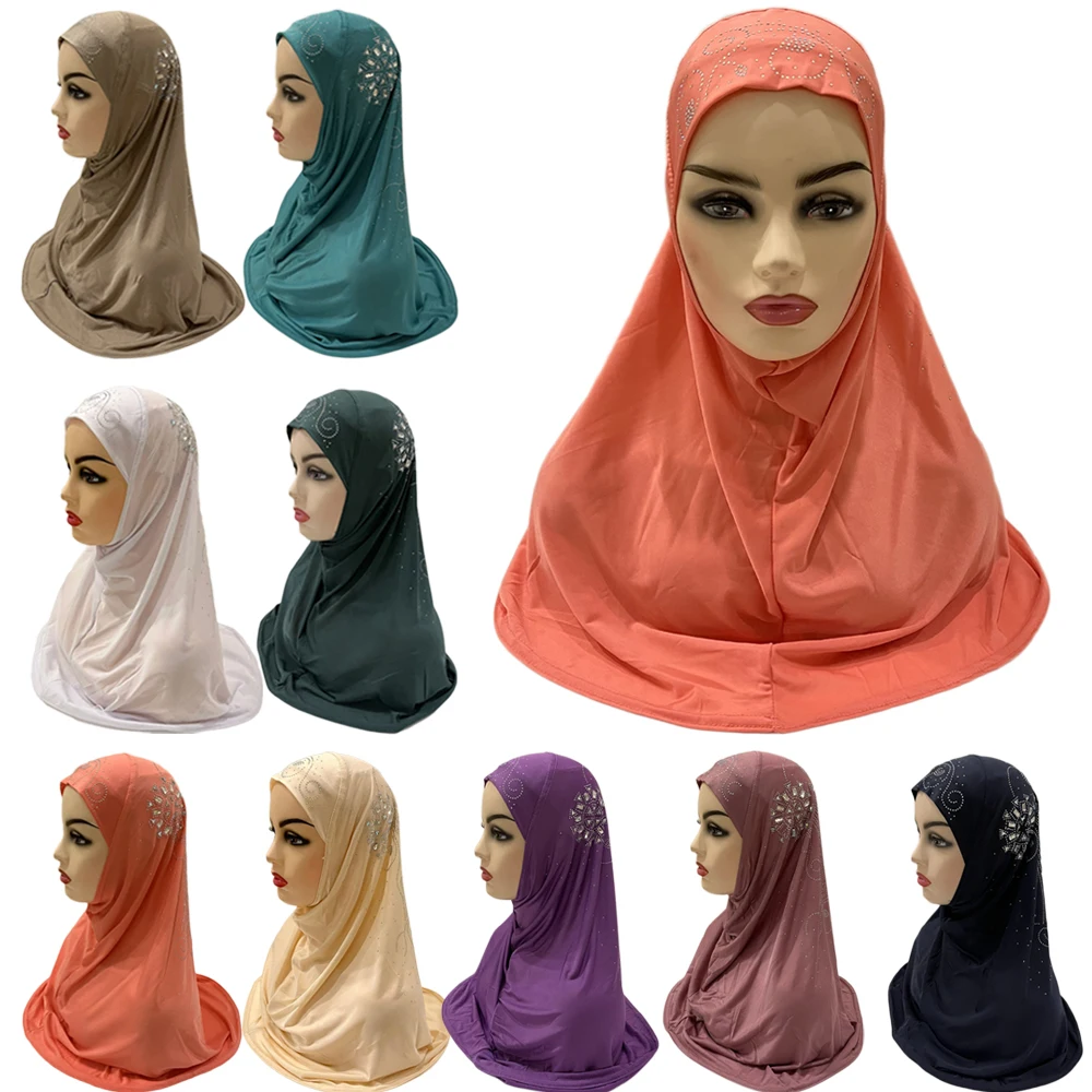 

Malaysia Girls Muslim Women Hijab Turban Bonnet Rhinestone One Piece Amira Chemo Cap Instant Scarf Shawl Prayer Islamic Headwrap