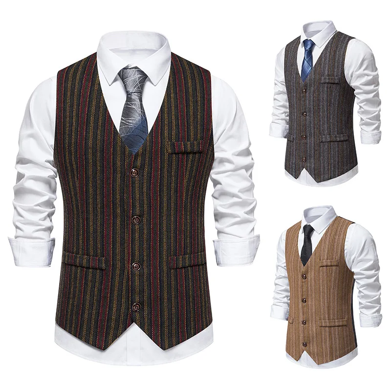 2024 New Men's Retro Single Breasted Casual Suit Vest Fashion Stripe V-neck Vest Trendy Men