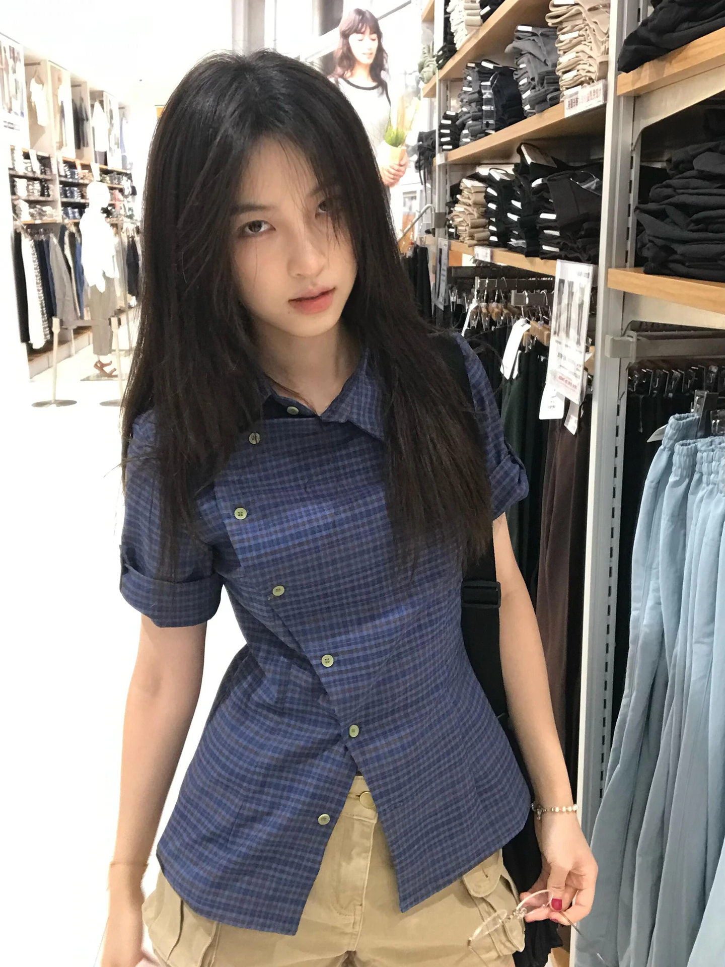 Blu Plaid ort Sve Slim Fit Donna irt Design Sensation Estate New Sle Sweet Japanese Sle Fibra di poliestere 00%