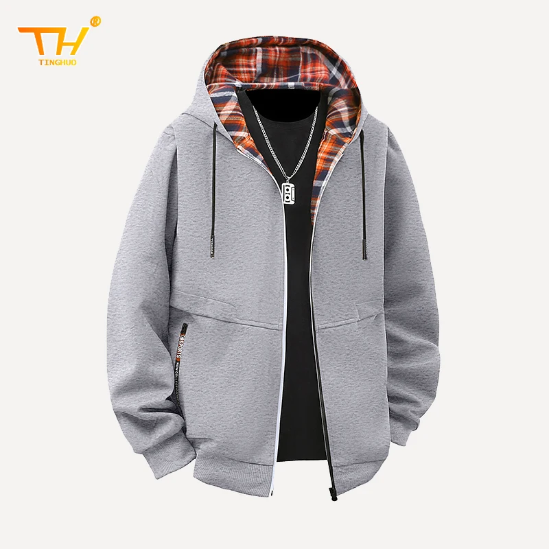 

Men's Jacket Hooded Spring Autumn Fashion Casual Plaid sportswear Jackets Men Solid color Coat Street clothing Male
