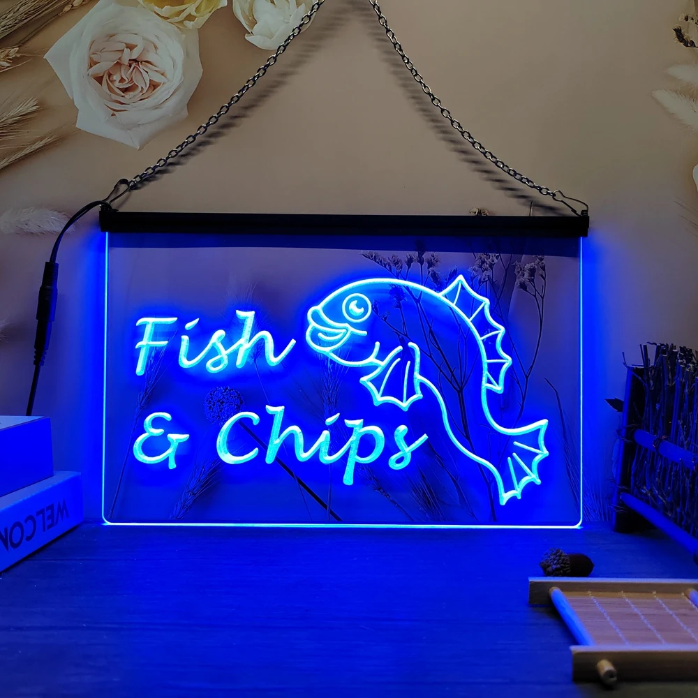 3D-Gravur LED-Neonschild 'Fish & Chips' - Kreative Wanddekoration für Zuhause, Hochzeit, Schlafzimmer und Schreibtischbeleuchtung